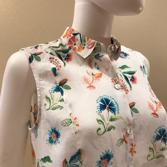 J Jill Love Linen Sleeveless Blouse Size XS Oversized White Floral Button Up - Picture 5 of 16
